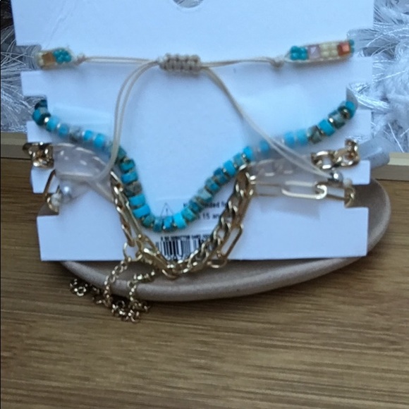 New 4 Piece Turquoise Gold Tone Chain Beads Bracelet Set - Picture 4 of 5